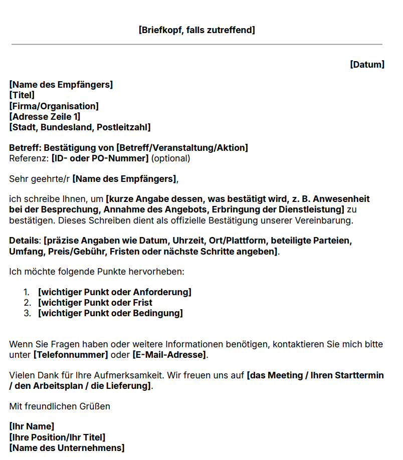 Vorlage für ein Bestätigungsschreiben