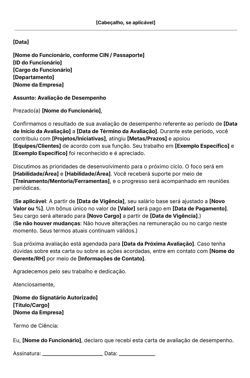 carta de avaliação de desempenho