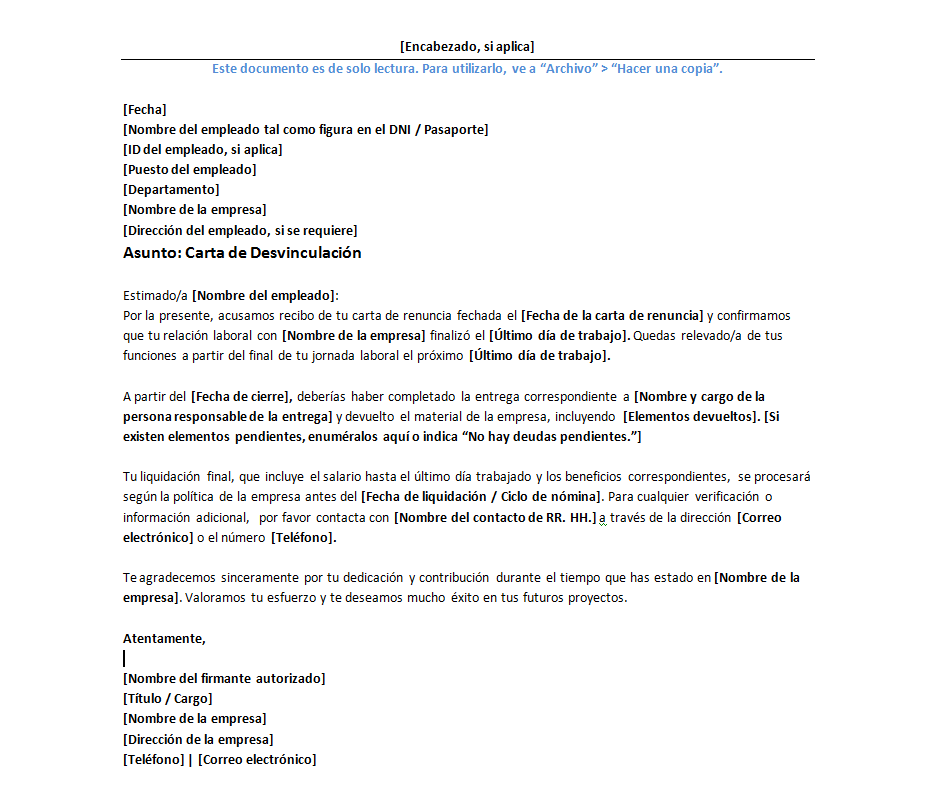 carta de desvinculación plantilla descarga gratuita