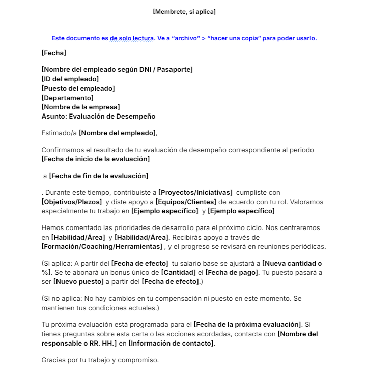carta evaluación desempeño plantilla gratis descargable
