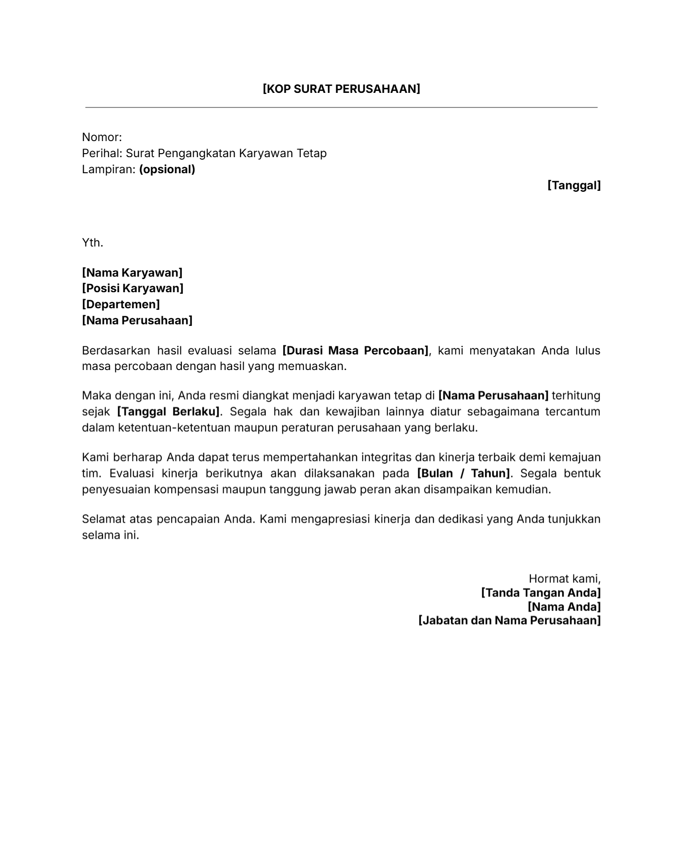 Contoh surat pengangkatan karyawan tetap