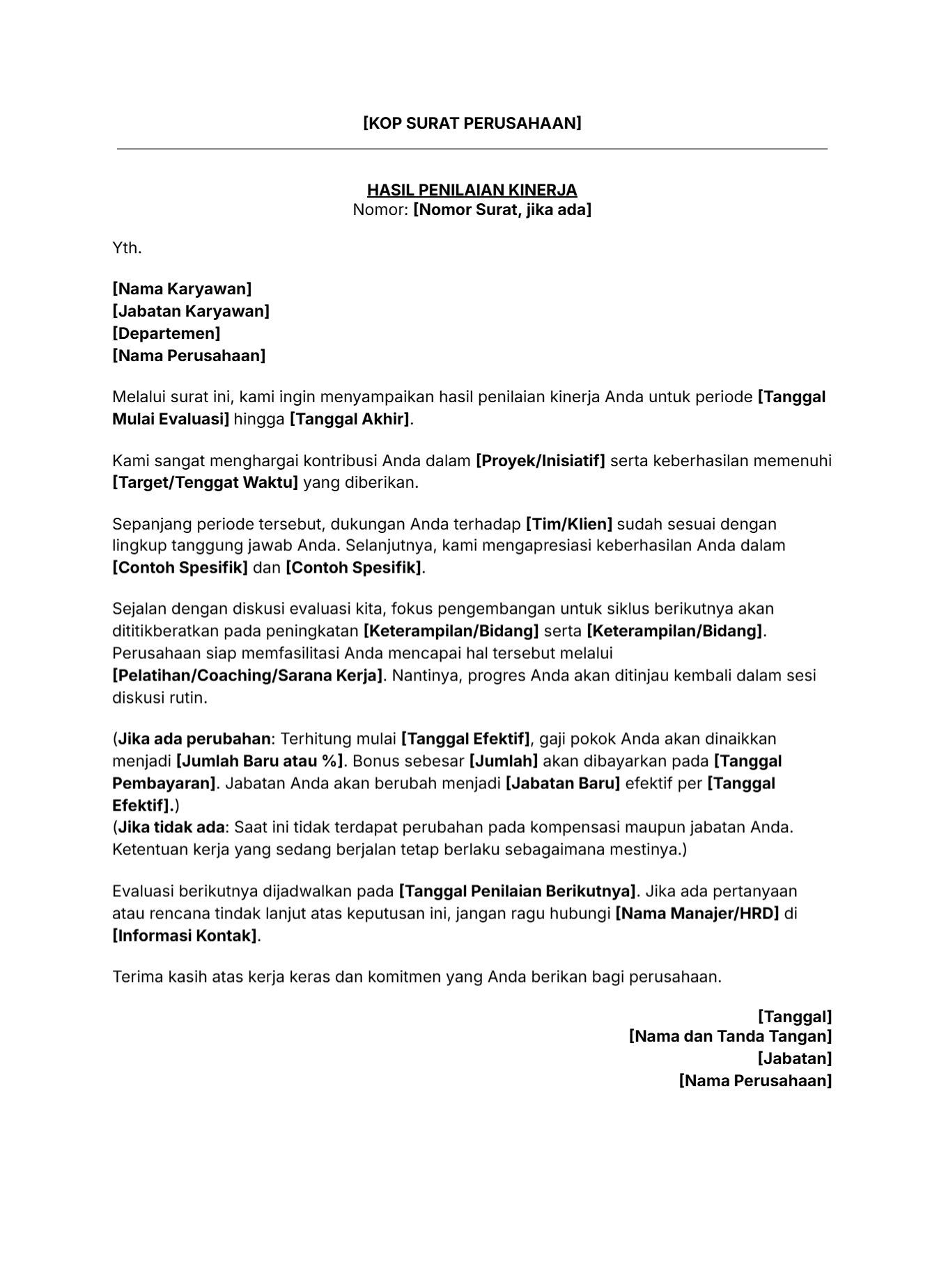 Contoh hasil penilaian kinerja