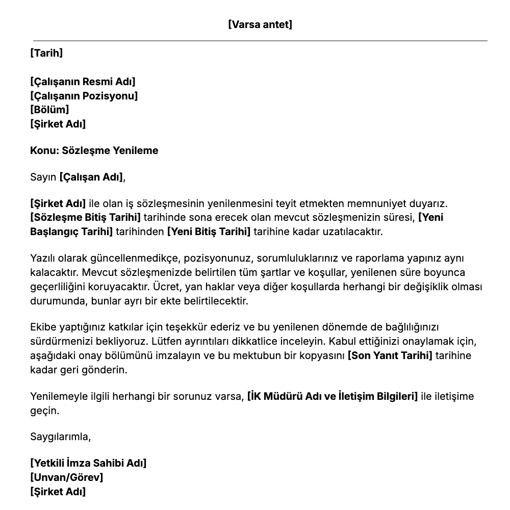 Ücretsiz Sözleşme Yenileme Mektubu Şablonu