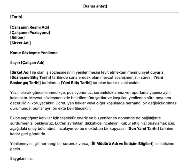 Ücretsiz Sözleşme Yenileme Mektubu Şablonu