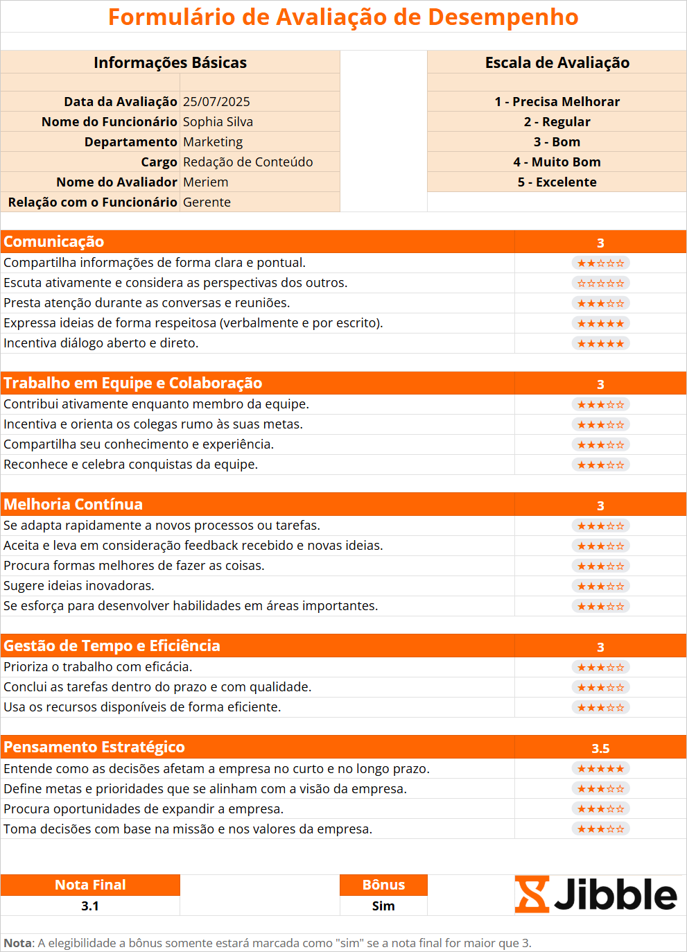 Planilha de Formulário de Avaliação de Desempenho