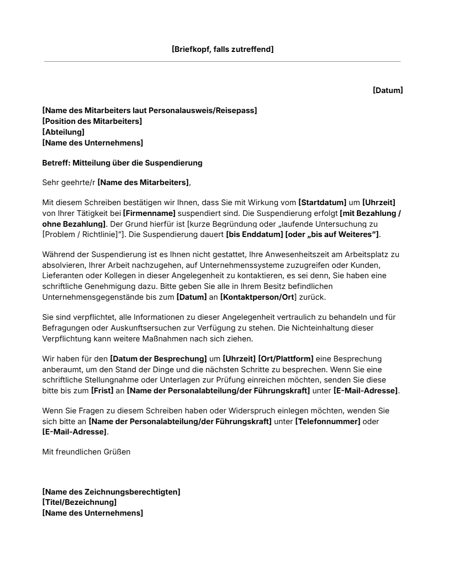 Vorlage für ein Suspendierungsschreiben