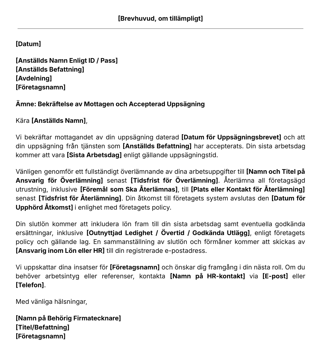 Mall för bekräftelse av uppsägning