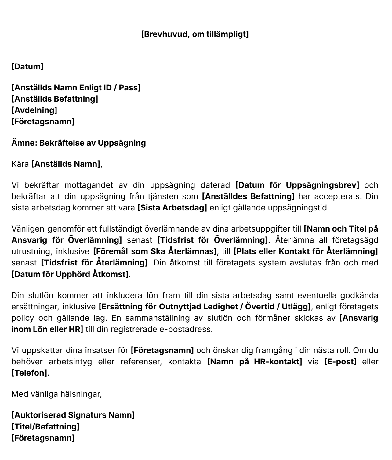 Mall för bekräftelse av uppsägning