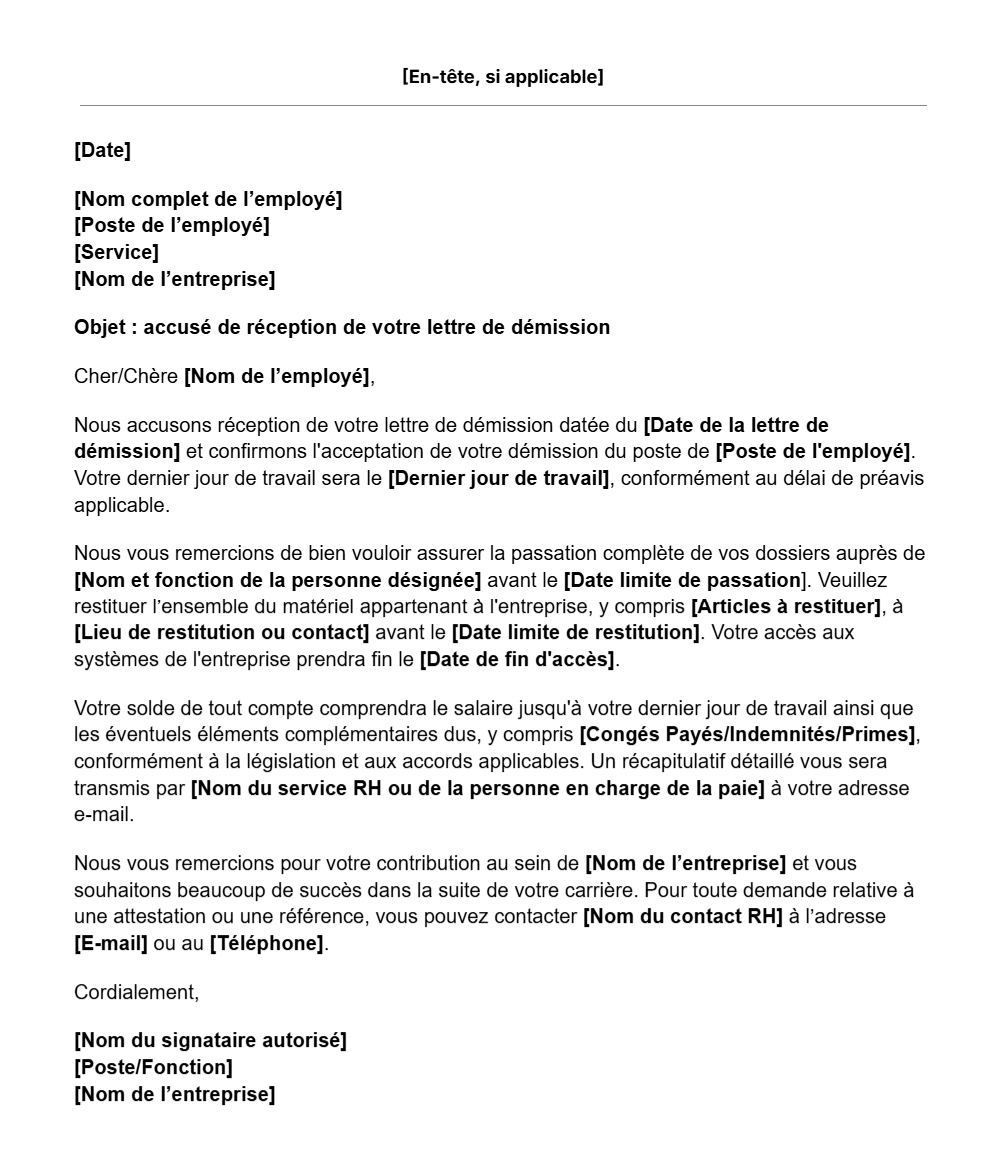 Modèle fratuit de lettre accusant réception d'une démission