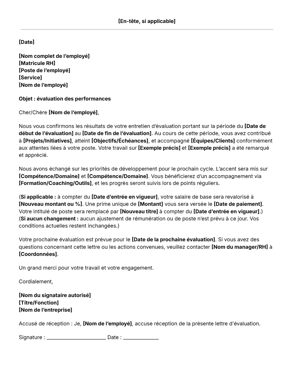 Modèle gratuit de lettre d'évaluation