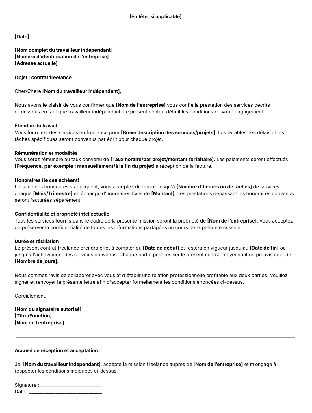 Modèle gratuit de lettre de contrat freelance