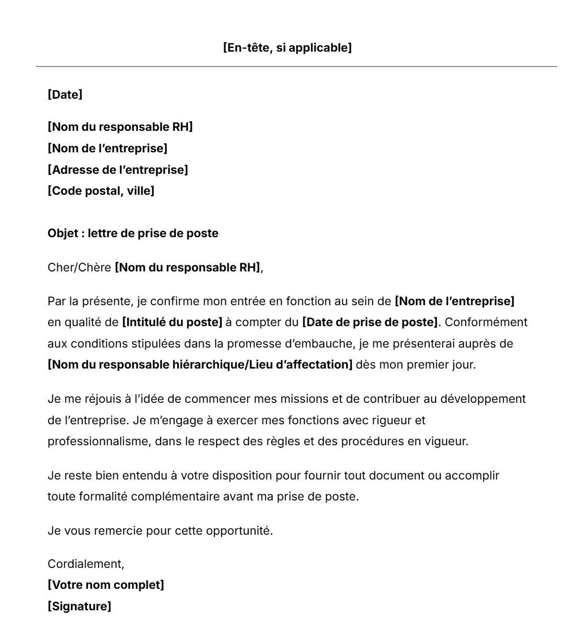 Modèle gratuit de lettre de prise de poste