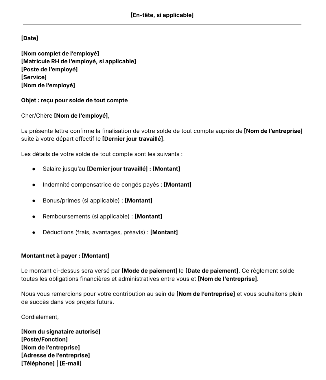 Modèle gratuit de lettre de reçu pour solde de tout compte
