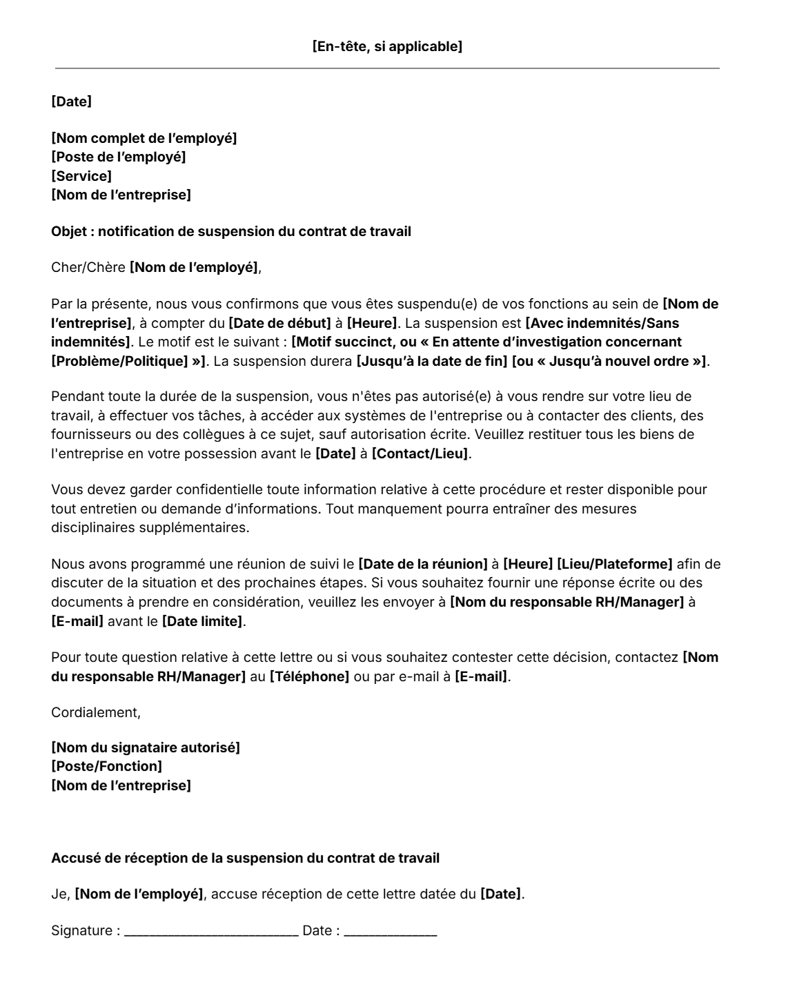 Modèle gratuit de lettre de suspension du contrat de travail par l'employeur