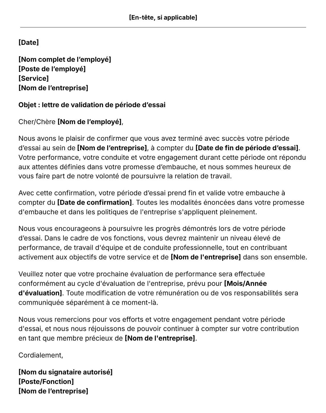 Modèle gratuit de lettre de validation de période d'essai