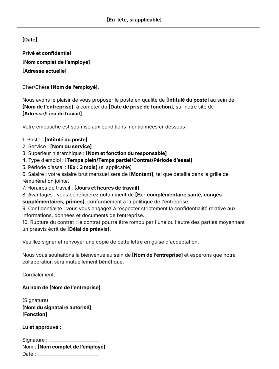 Modèle gratuit de lettre de promesse d'embauche