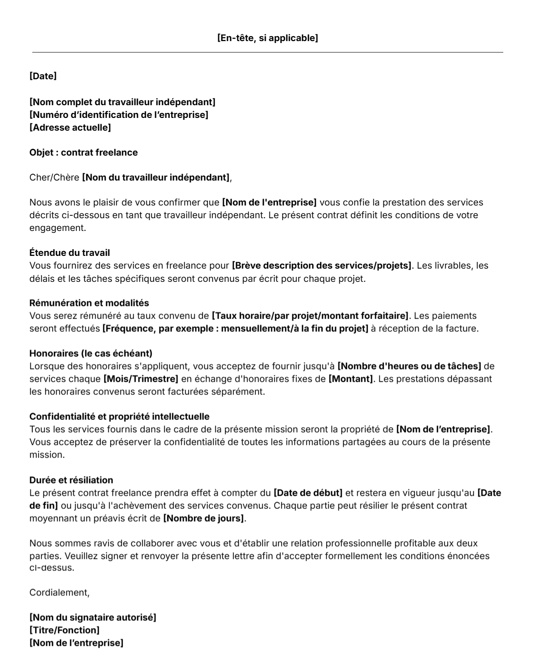 Modèle gratuit de lettre de contrat freelance