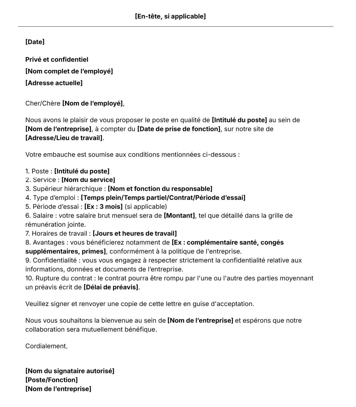 Modèle gratuit de lettre de promesse d'embauche