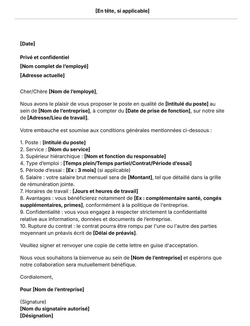 Modèle gratuit de lettre de promesse d'embauche