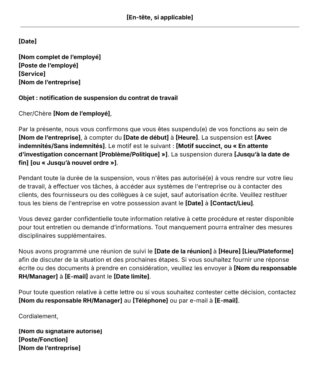 Modèle gratuit de lettre de suspension du contrat de travail par l'employeur