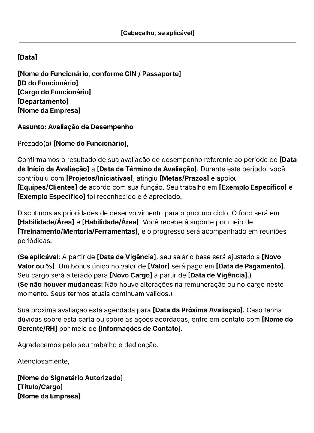 modelo de carta de avaliação de desempenho