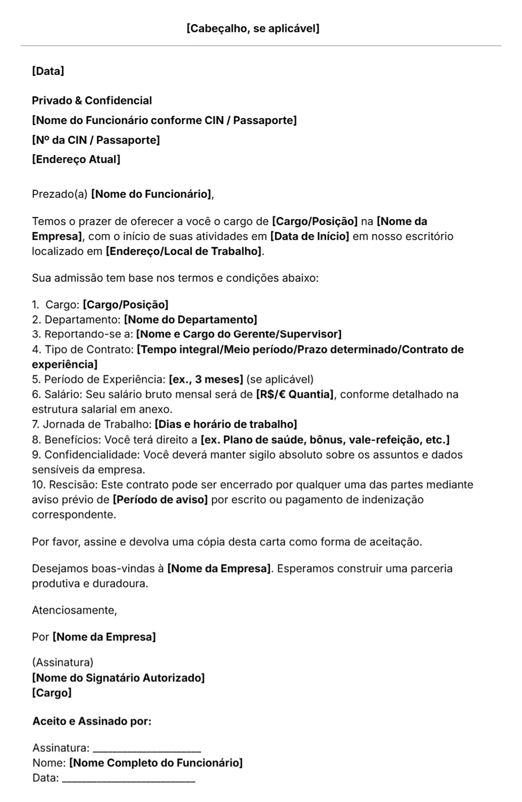 Modelo de carta de admissão grátis
