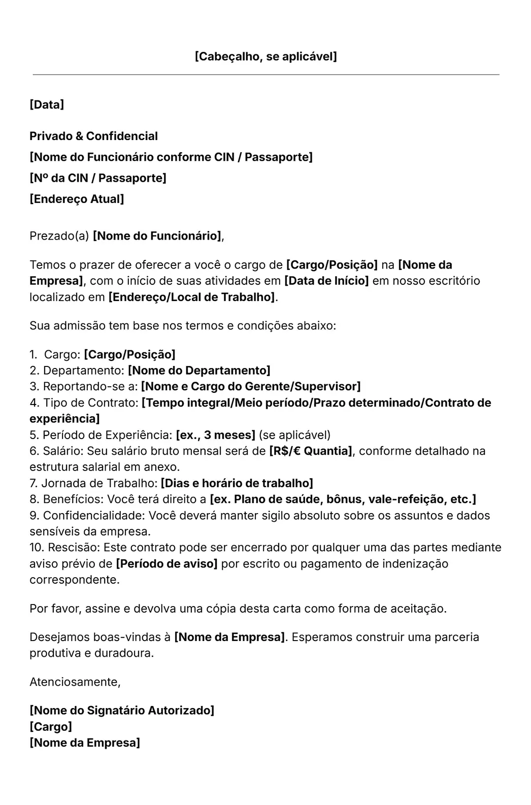 modelo de carta de admissão