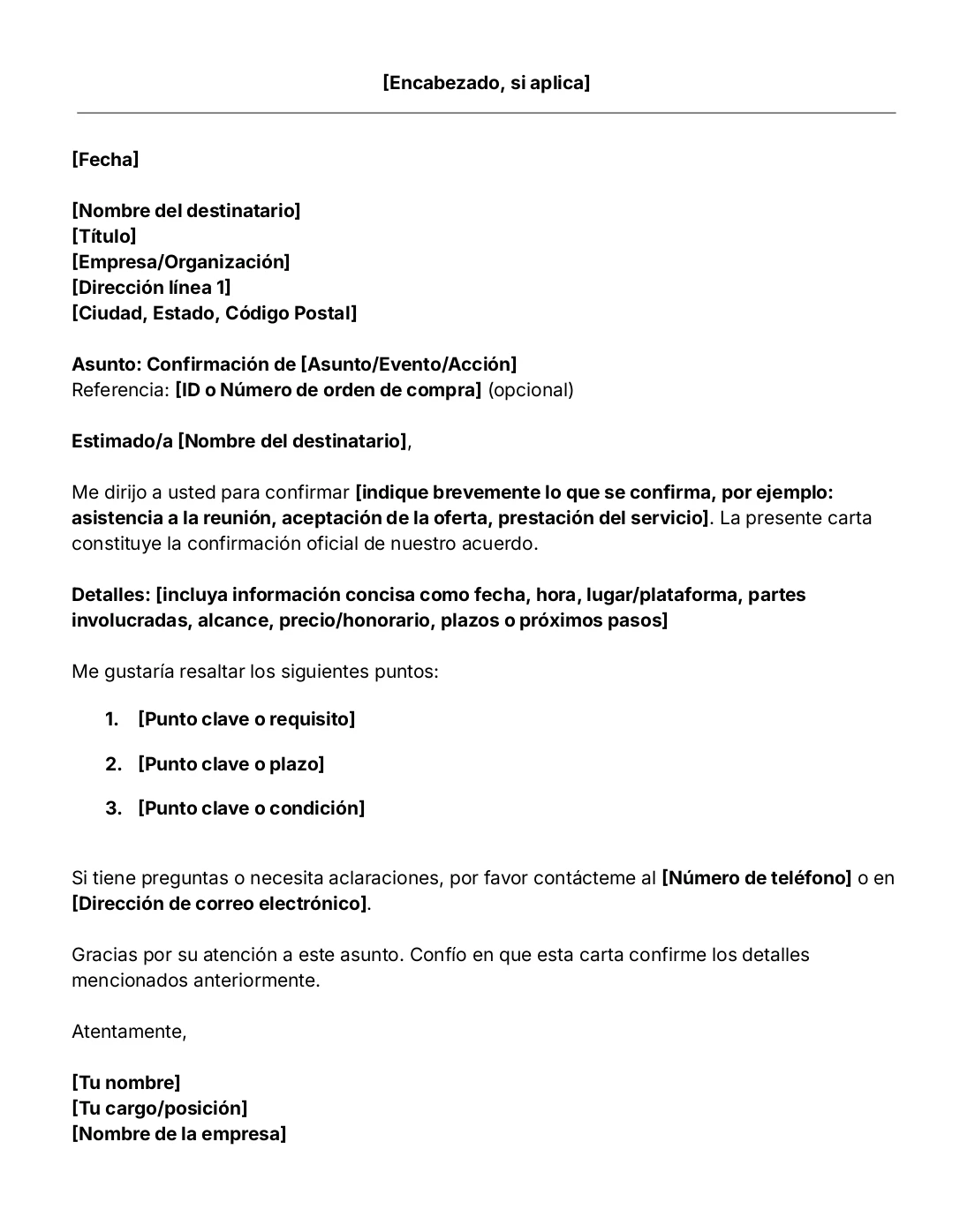 Plantilla de carta de confirmación