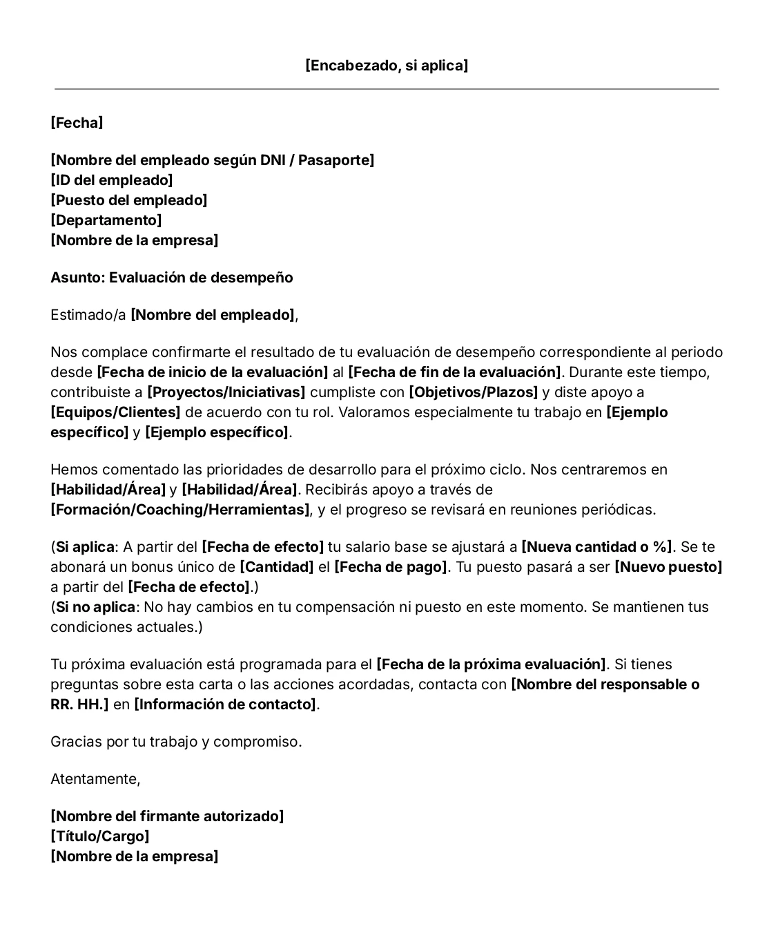 Plantilla de carta de evaluación de desempeño