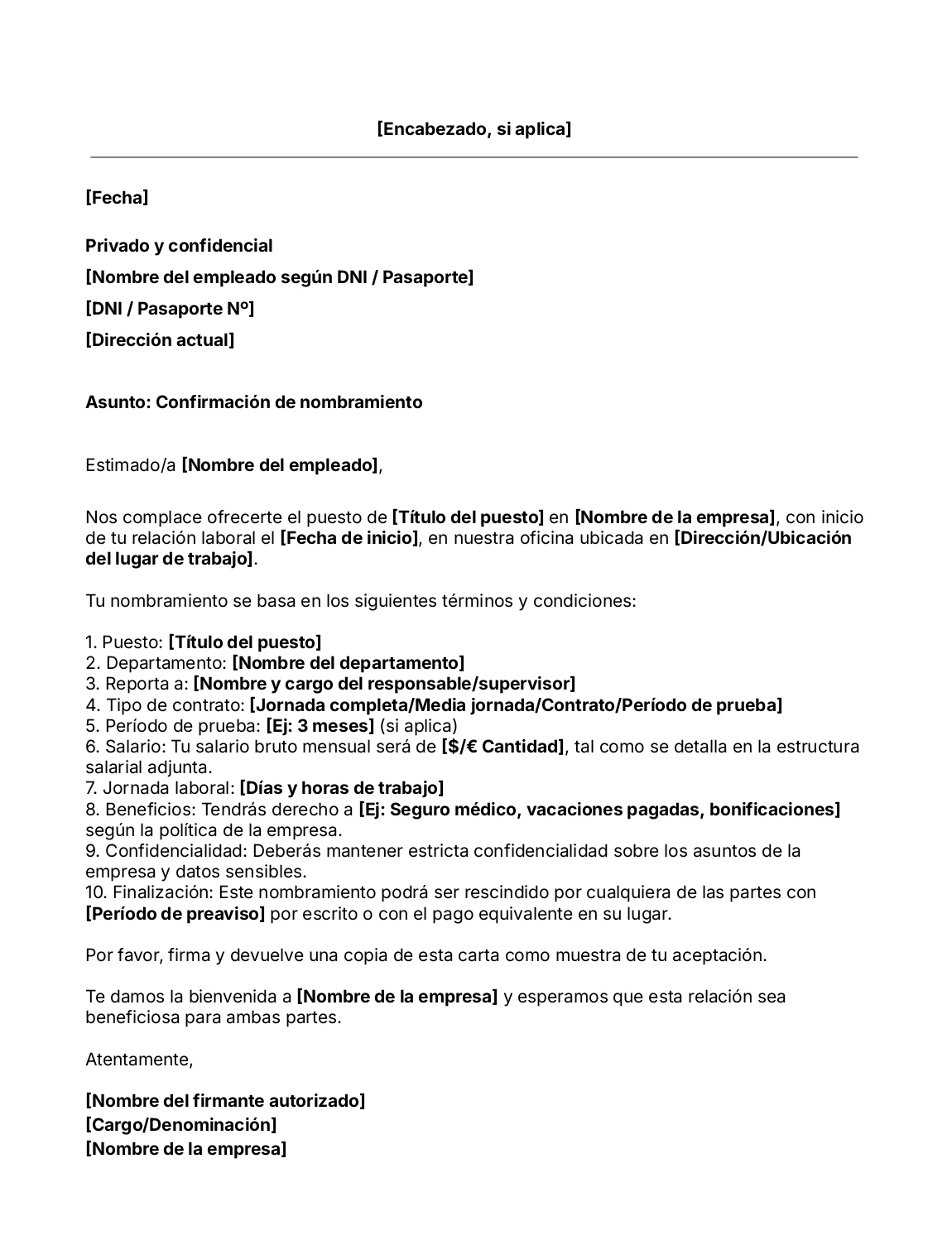 plantilla de carta de nombramiento