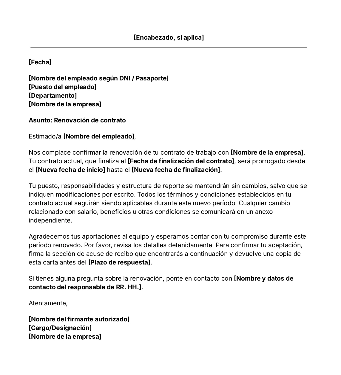Plantilla de carta de renovación de contrato