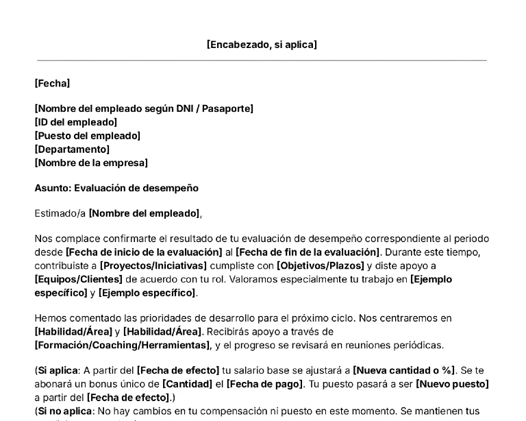 portada Plantilla de carta de evaluación de desempeño