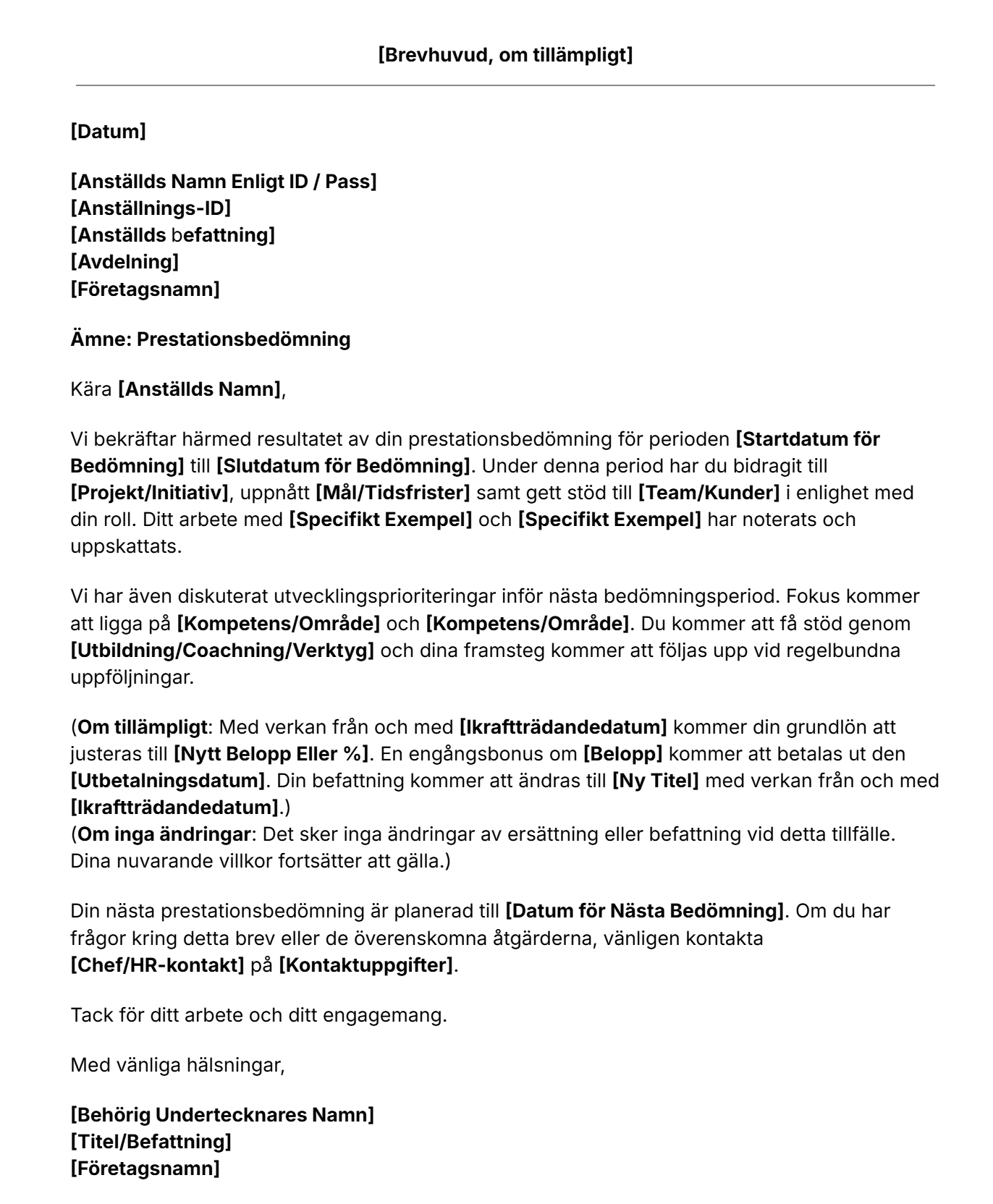 Mall för utvärdering av prestationen.