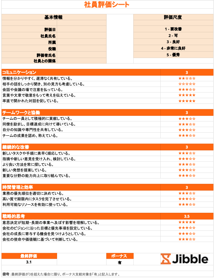 Jibbleの無料社員評価テンプレート