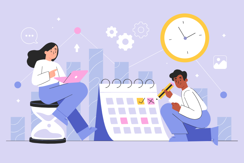 Kobieta i mężczyzna ustalający zmiany w weekendowym systemie czasu pracy.