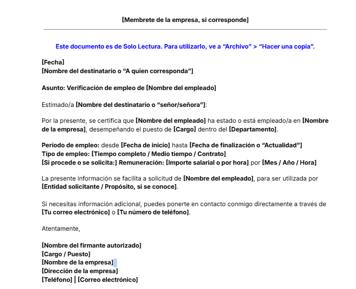 Carta verificación de empleo plantilla. descarga gratuita