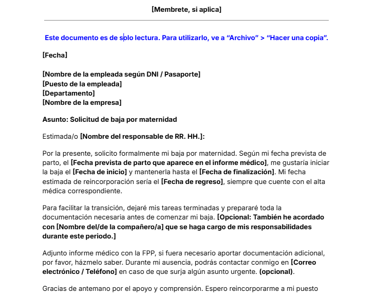Plantilla de carta de baja por maternidad. descarga gratis