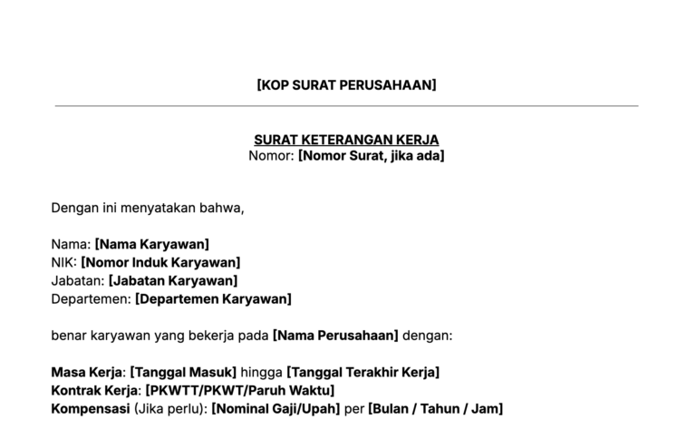 Contoh isi surat keterangan kerja atau paklaring