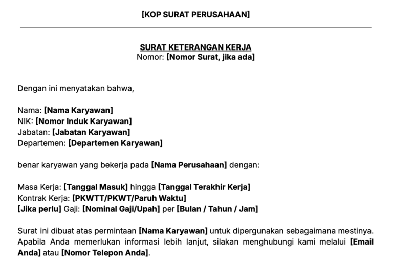 Contoh isi surat keterangan kerja atau paklaring
