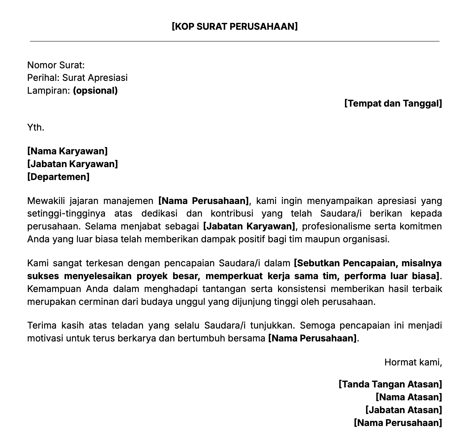 Contoh isi surat apresiasi kinerja karyawan