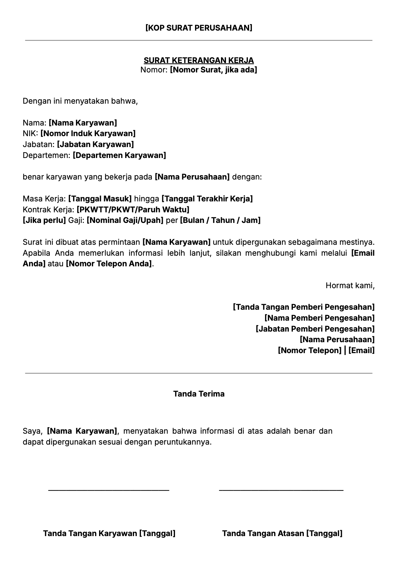 Contoh surat keterangan kerja atau paklaring