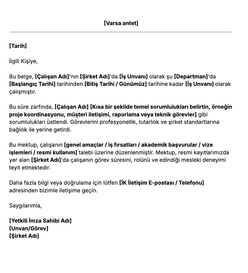 Ücretsiz Deneyim Mektubu Şablonu