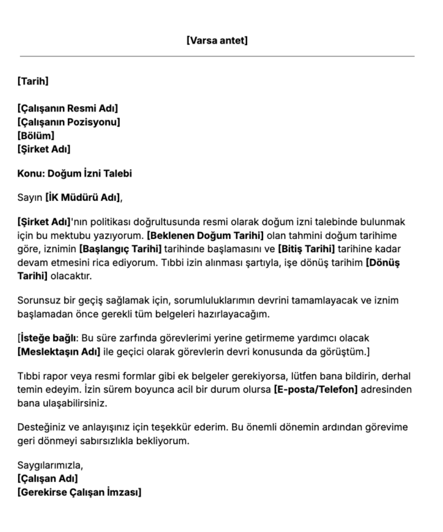 Ücretsiz Doğum İzni Dilekçesi Şablonu