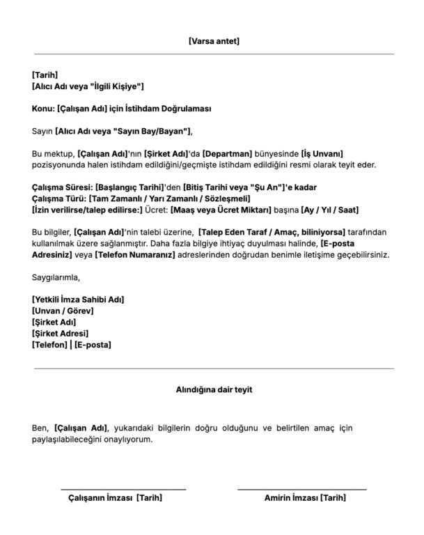 Ücretsiz İstihdam Doğrulama Mektubu Şablonu