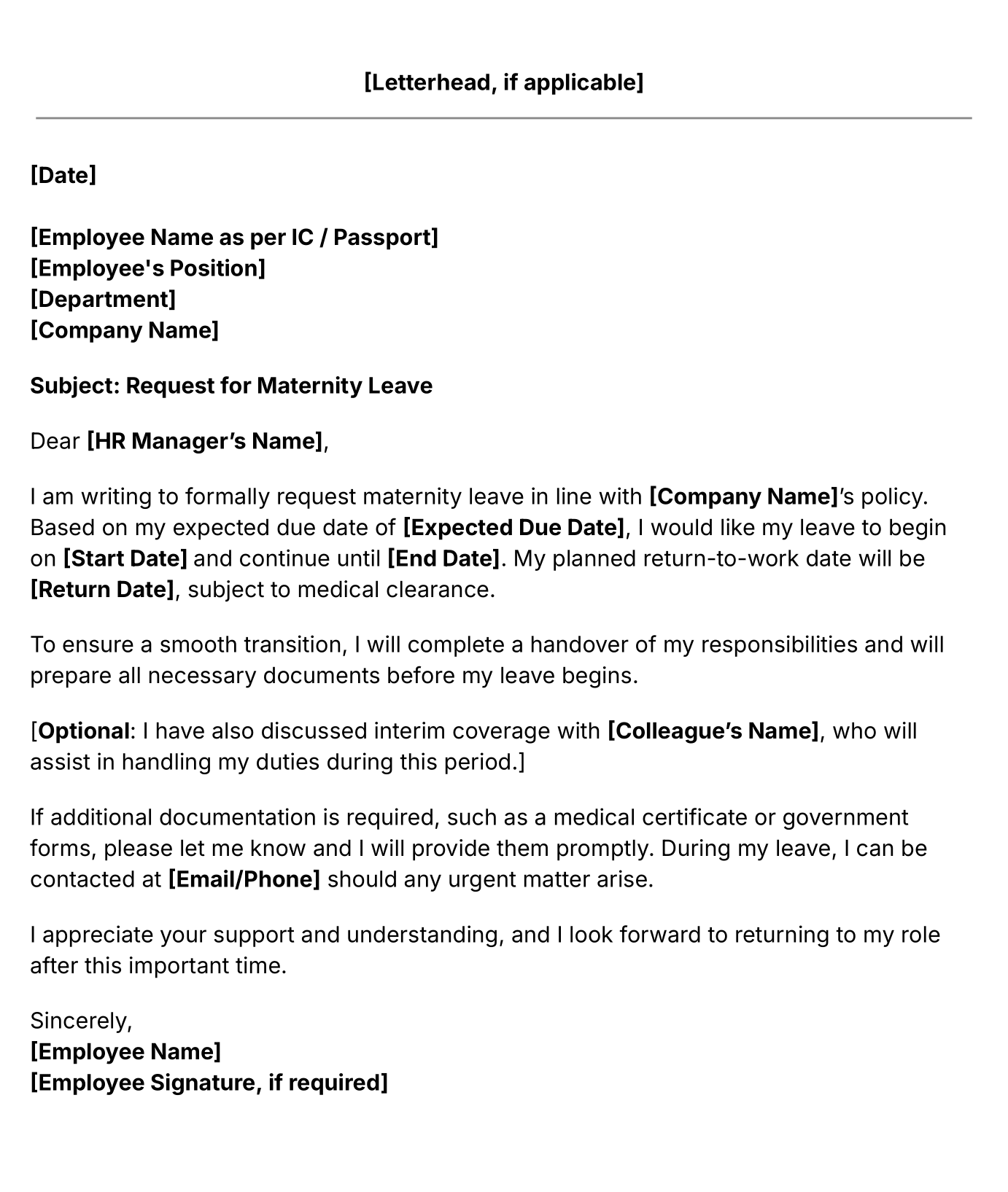 maternity leave letter template