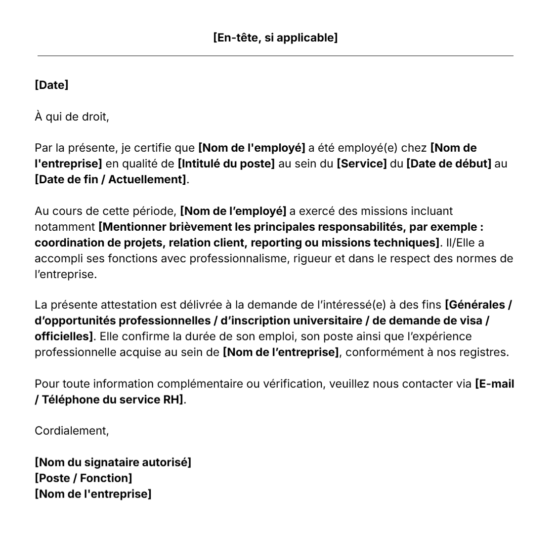 Modèle d'attestation d'expérience professionnelle