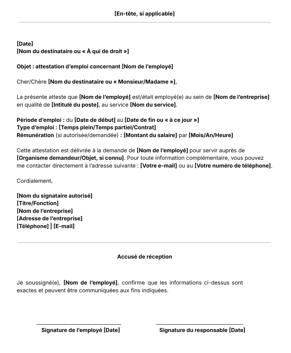 Modèle de lettre d'attestation d'emploi