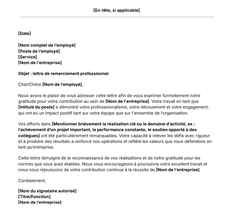 Modèle de lettre de remerciement professionnel