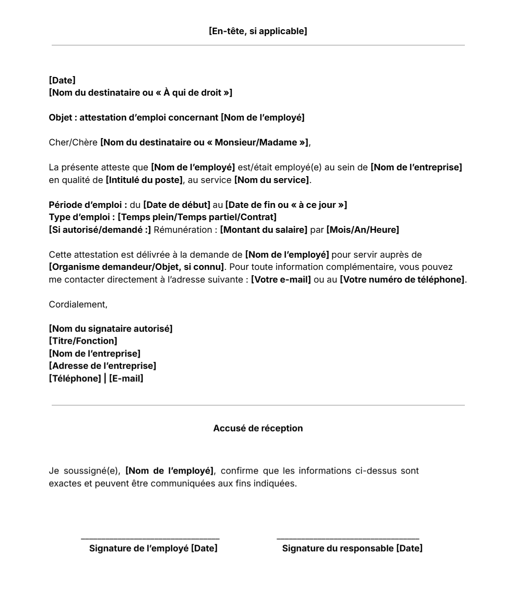 Modèle de lettre d'attestation d'emploi