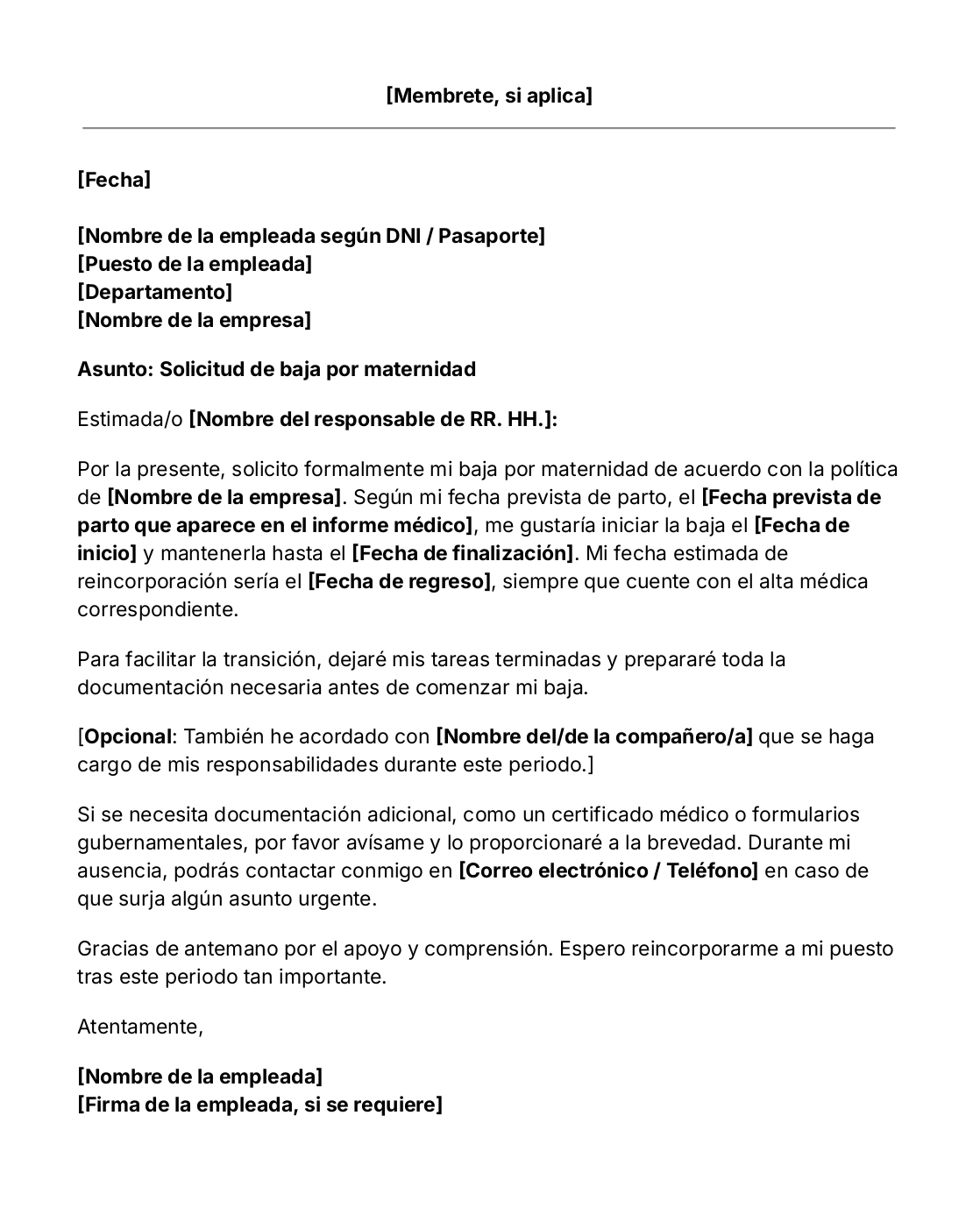Plantilla de carta de baja por maternidad